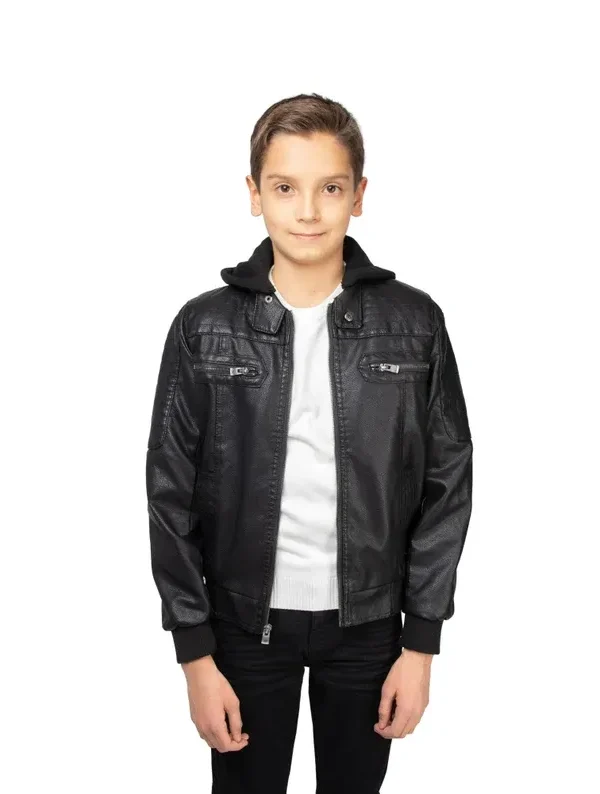 kids Motorcycle Leather Jacket With Hoodie