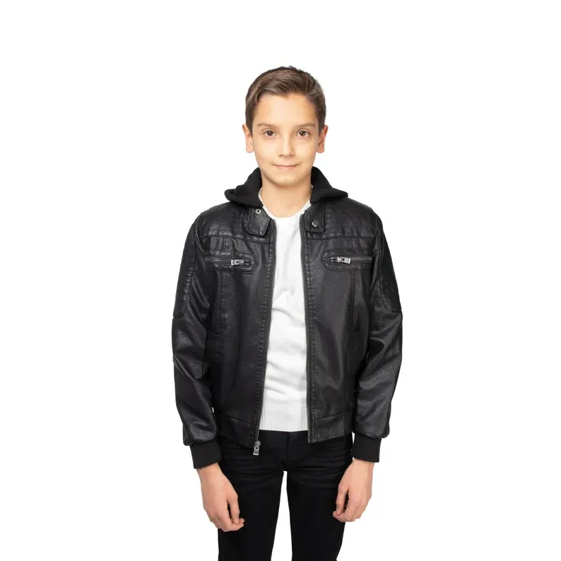 kids Motorcycle Leather Jacket With Hoodie