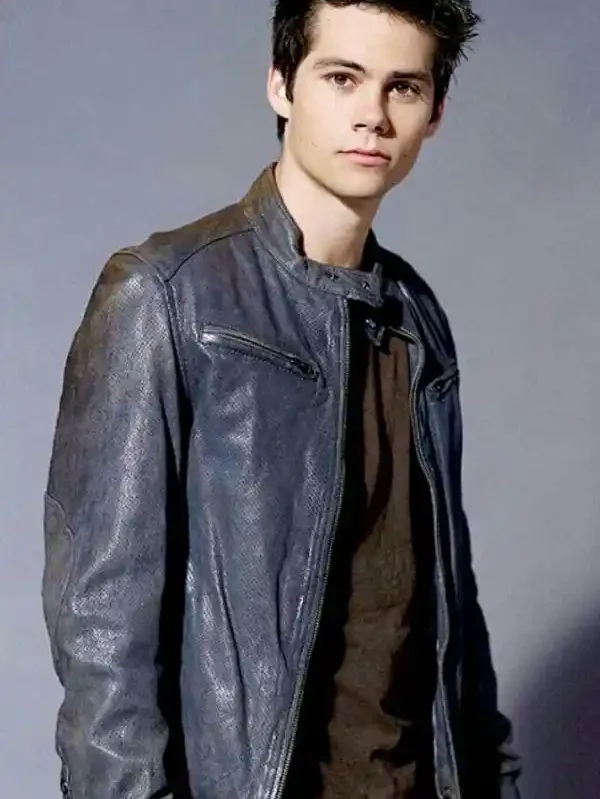 Actor Dylan O'Brien Blue Leather Jacket