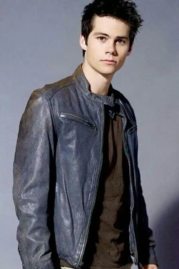 Actor Dylan O'Brien Blue Leather Jacket