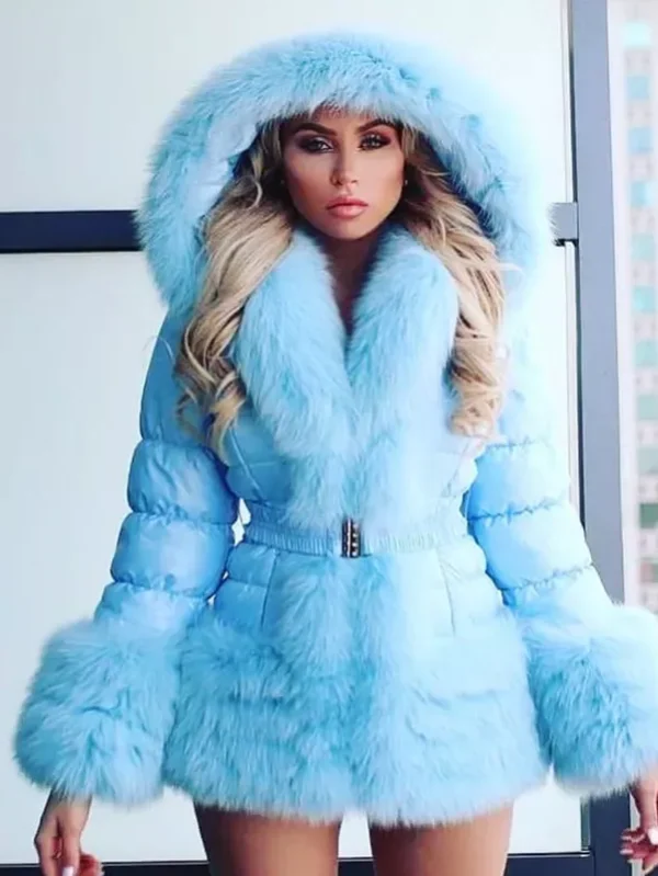 Fashion Style Sky-Blue Faux Fur Fluffy Coat