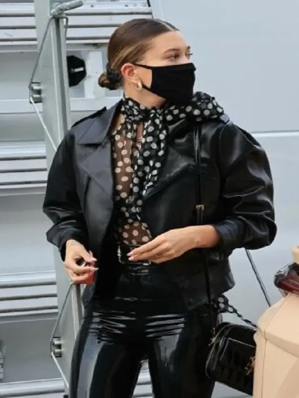 Hailey Bieber Black Biker Leather Jacket