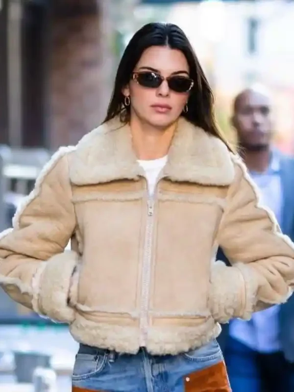 Model Kendall Jenner Camel Brown Shearling Jacket