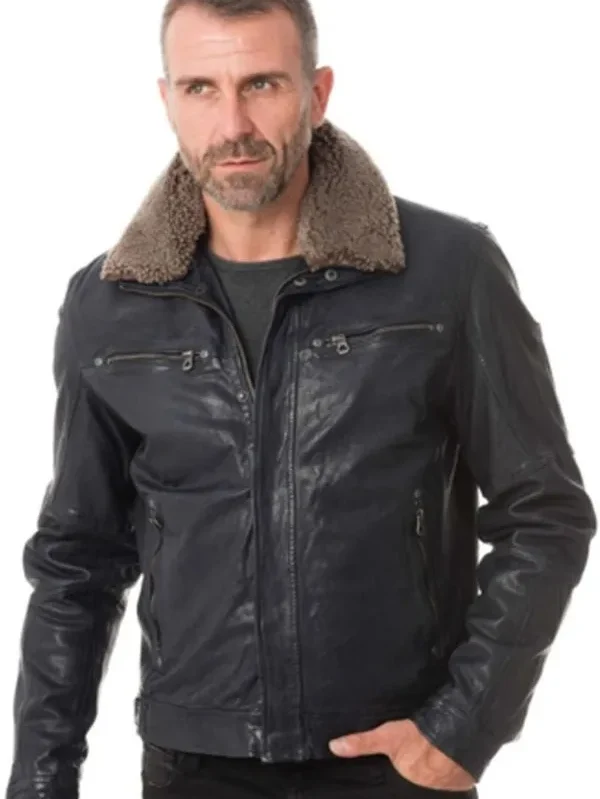 Men's Classic Detachable Faux Fur Collar Leather Jacket