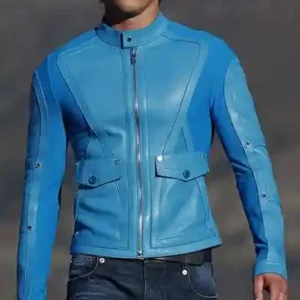 Men Sky Blue Leather Jacket