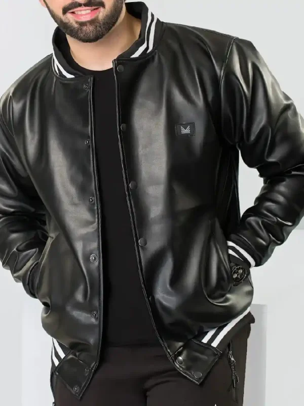 Ribbed Collar Black Leather Jacket