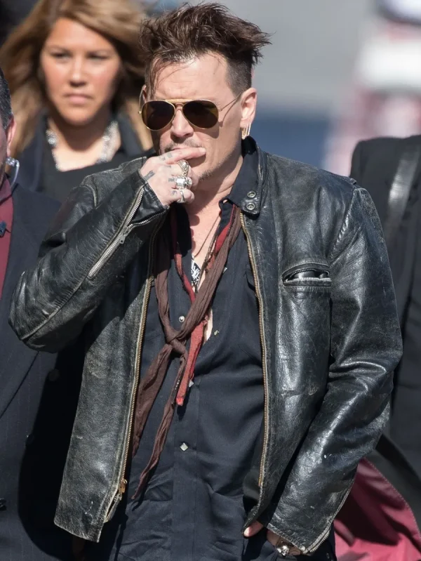 Actor Johnny Depp wearing Snap Tab Collar Black Leather Jacket