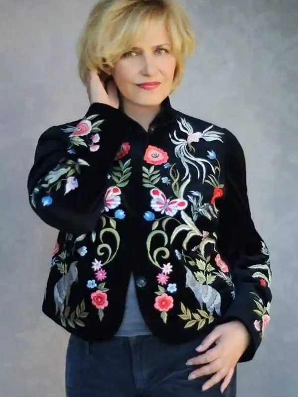 Women Black Fleece Embroidery jacket