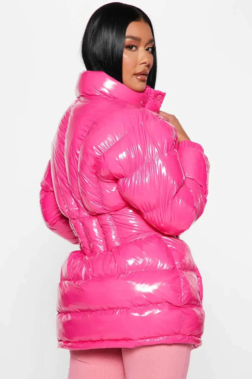 Women's Pink Puffer Jacket With Stand up Collar