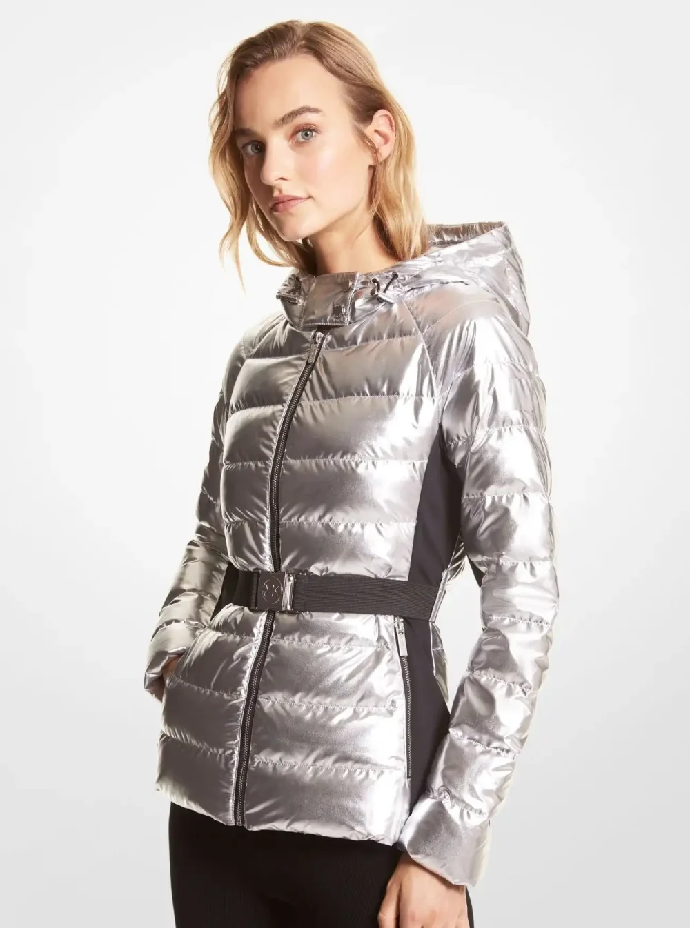 Women's Belted Metallic Puffer Jacket