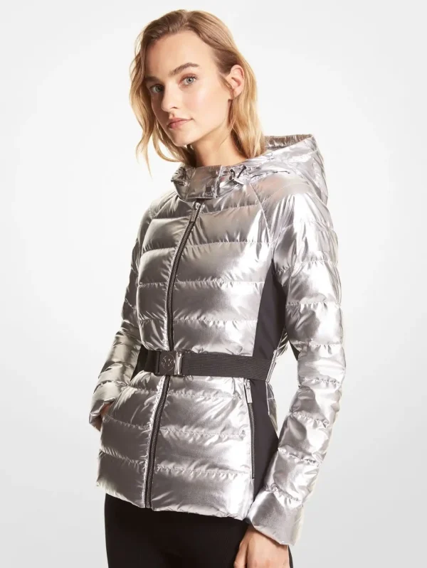 Women's Belted Metallic Puffer Jacket