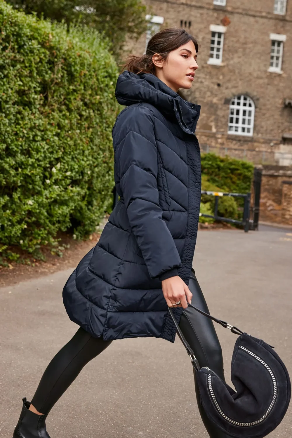 Women's Quilted Parachute Hoodied Navy Blue Long Coat