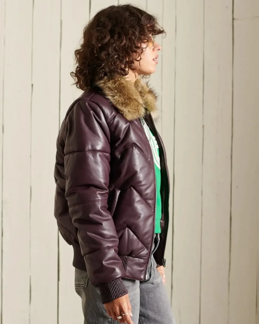 Women's Leather Hooded Brown Puffer Jacket