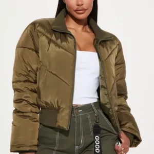 Women's Fashion Olive Green Puffer Jacket