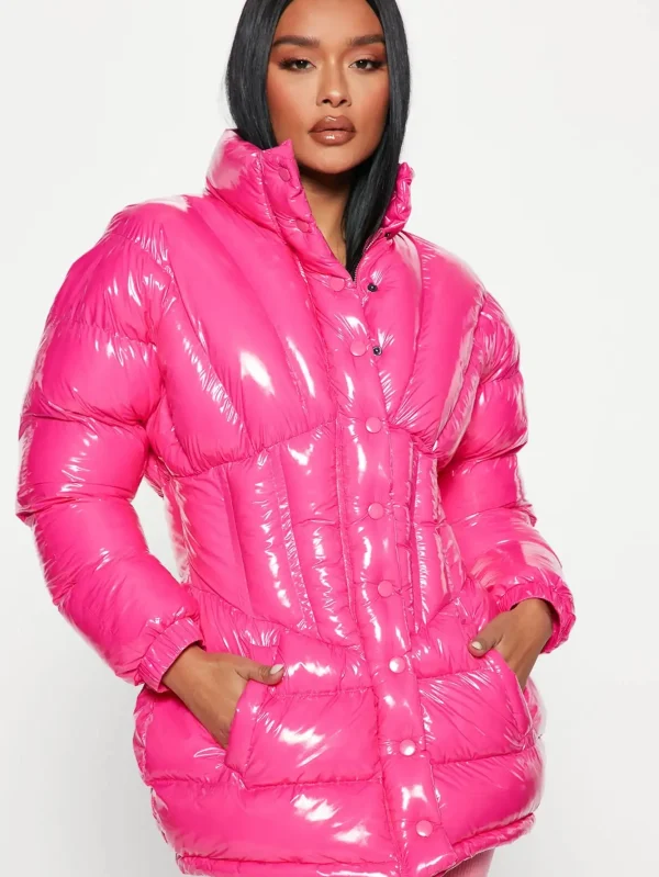 Women's Pink Puffer Jacket With Stand up Collar