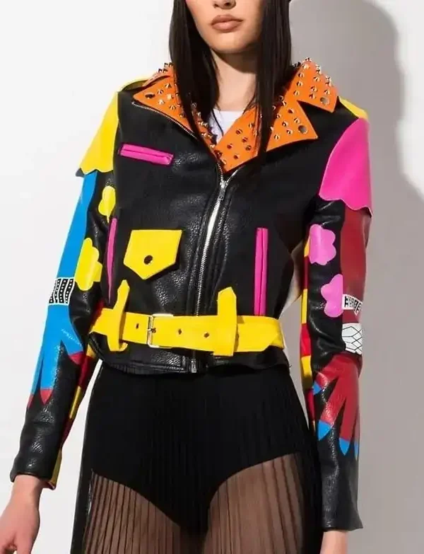 Women's Multi-Color Studded Biker Leather Jacket