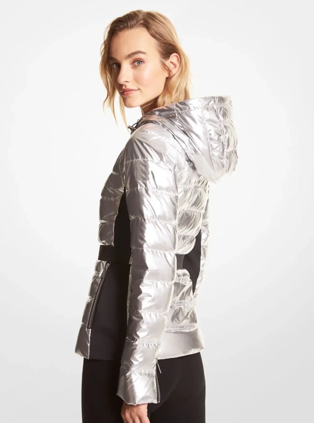 Women's Belted Metallic Puffer Jacket