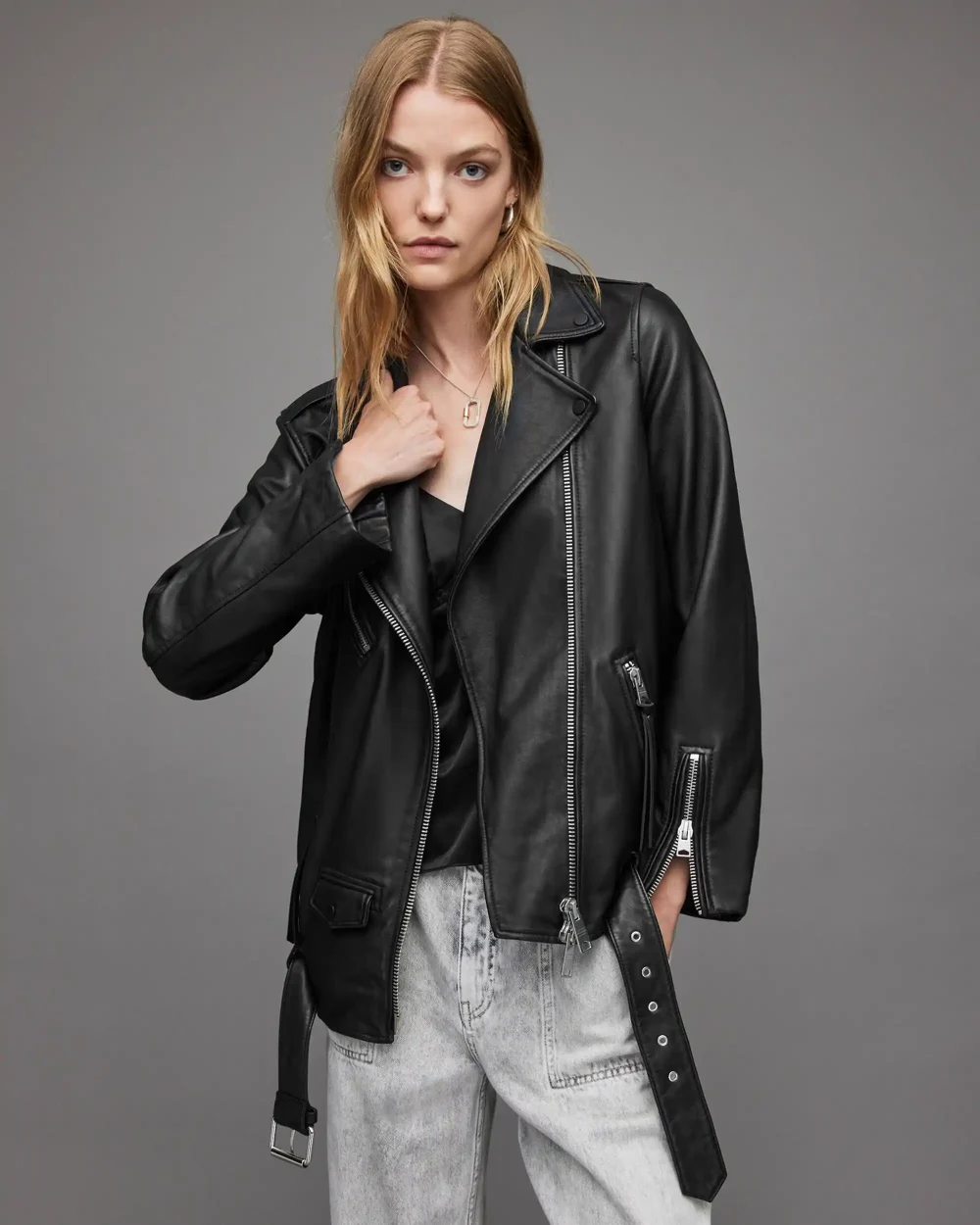 Women's Black Oversized Leather Biker Jacket