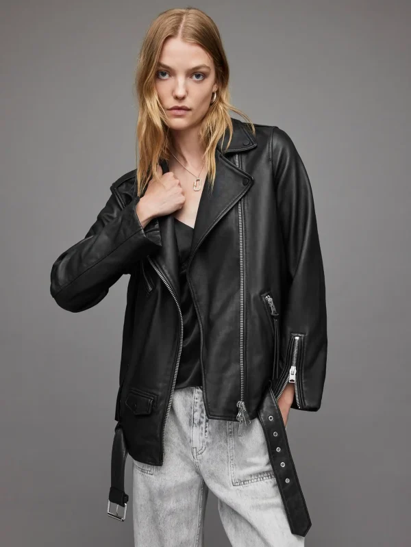 Women's Black Oversized Leather Biker Jacket