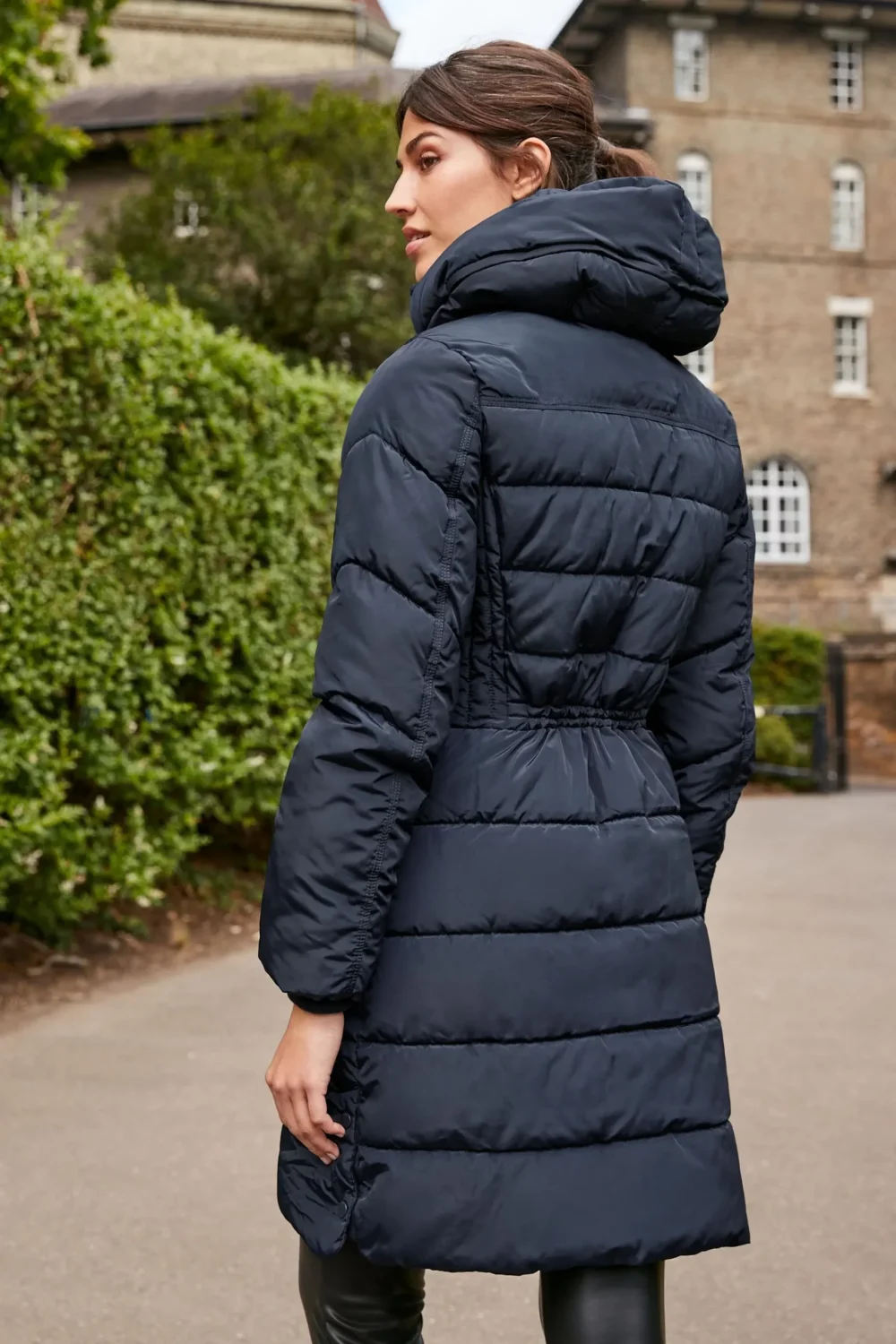 Women's Quilted Parachute Hoodied Navy Blue Long Coat