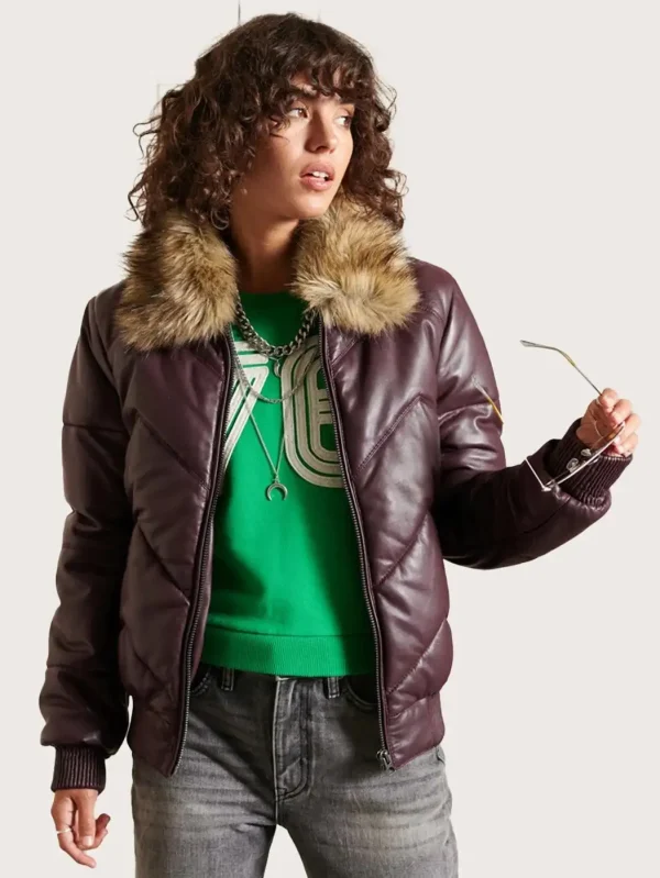 Women's Leather Hooded Brown Puffer Jacket