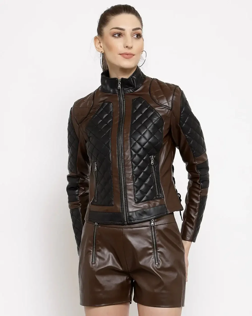 Women's Shirt Style Collar Quilted Leather Jacket