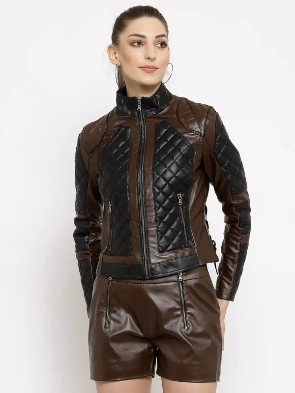 Women's Shirt Style Collar Quilted Leather Jacket