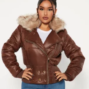 Women's Brown Puffer Jacket With Fur Collar