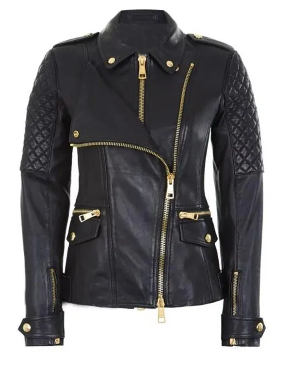 Fashion Ladies Casual Leather Jacket In Black With Shirt Collar