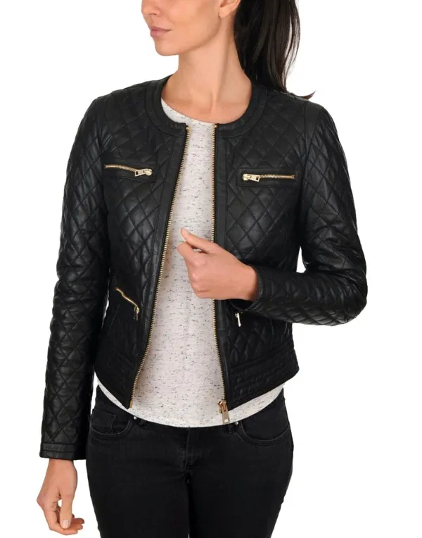 Fashion Quilted Leather Jacket For Ladies In Black