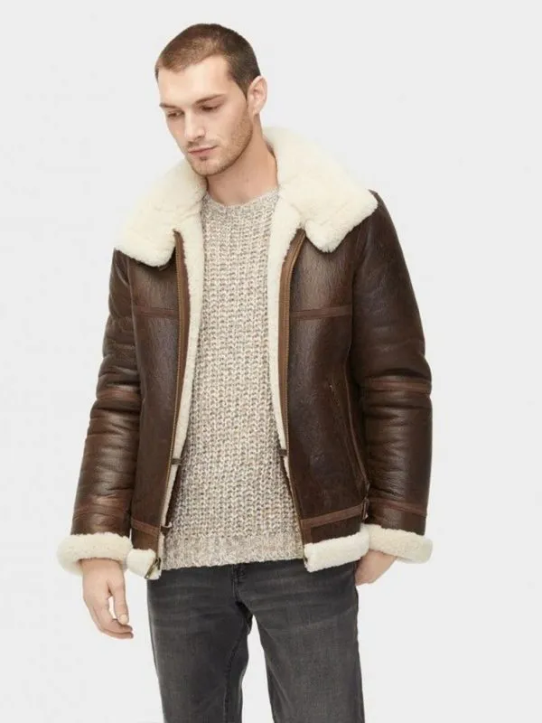 Men's Leather Jacket With Shearling Collar And Sleeves