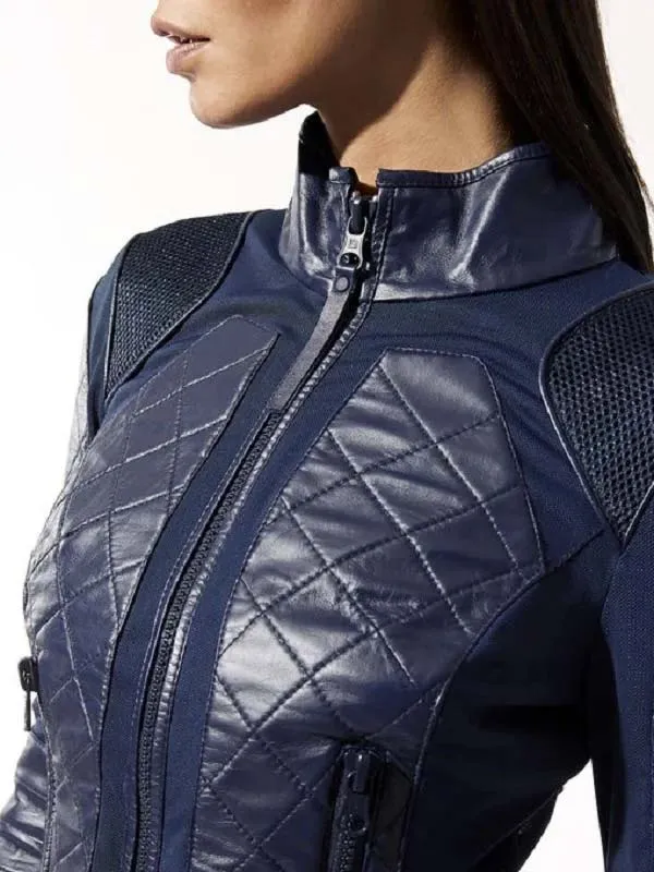 Navy Blue Quilted Biker Leather Jacket For Women