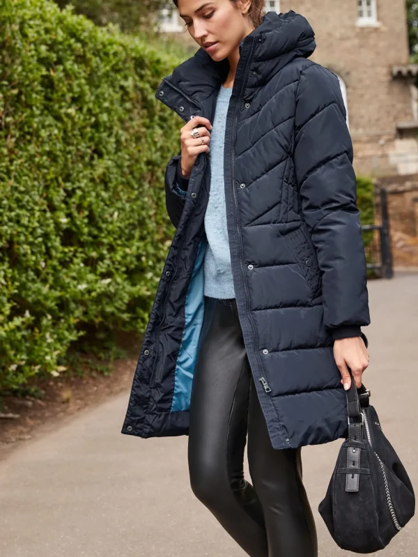 Women's Quilted Parachute Hoodied Navy Blue Long Coat