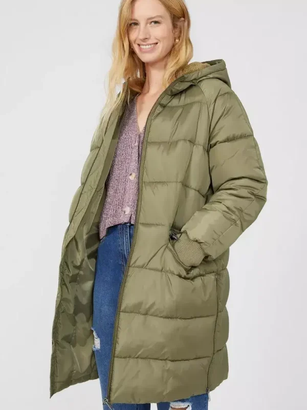 Women's Puffer Coat With Borg Lined Hood And Side Zips