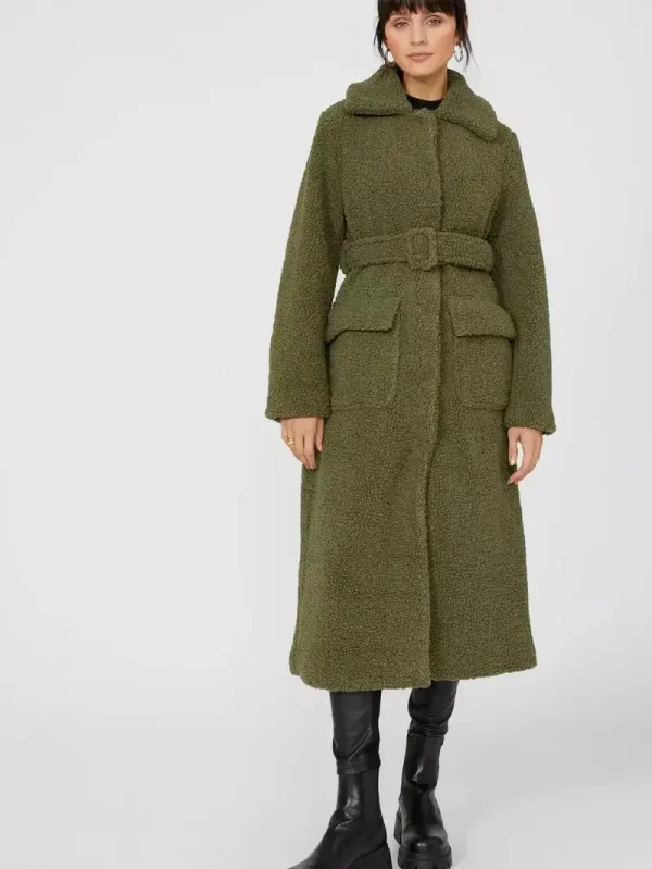 Women's Longline Green Teddy Coat