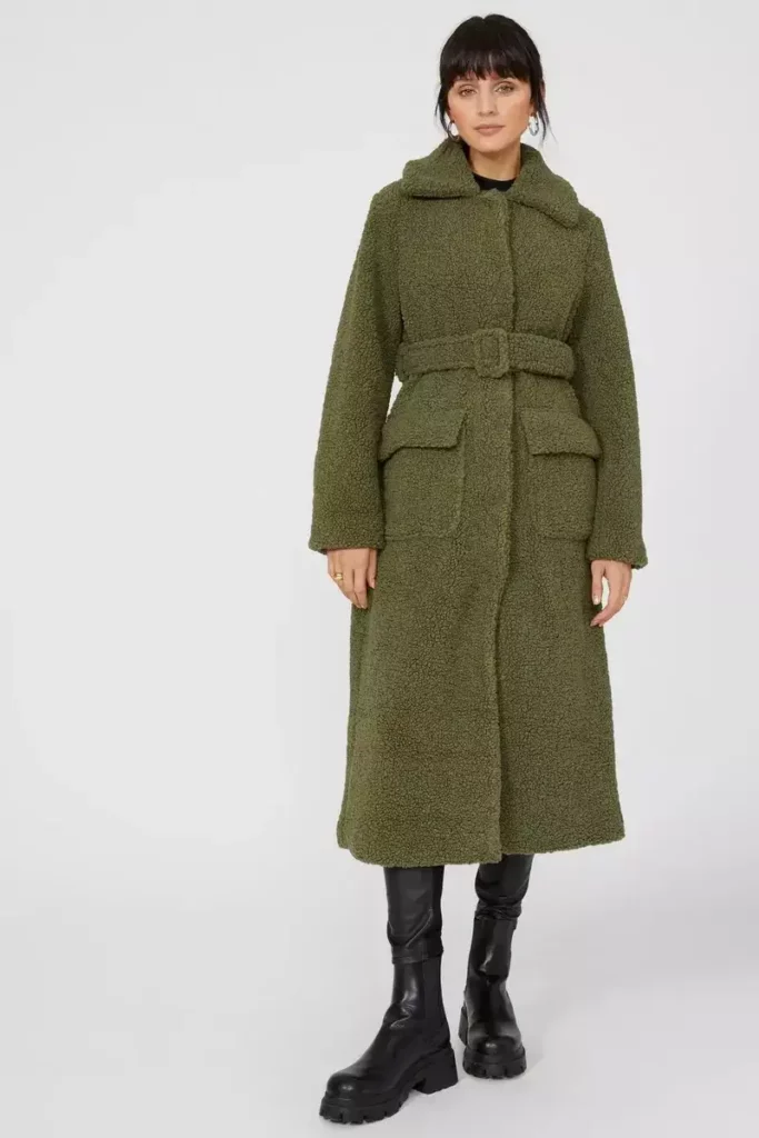 Women's Longline Green Teddy Coat