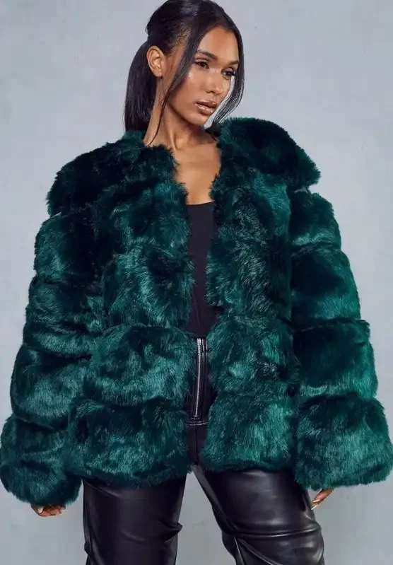 Women's Faux Fur Panelled Green Coat