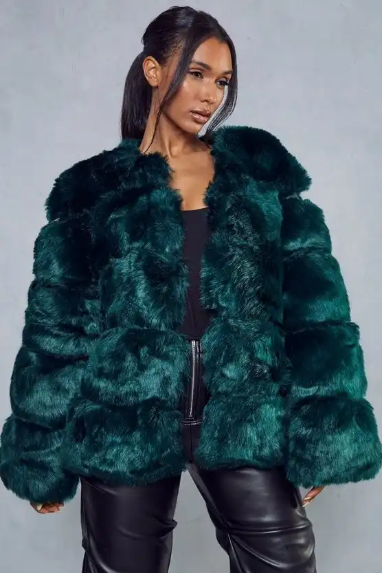 Women's Faux Fur Panelled Green Coat