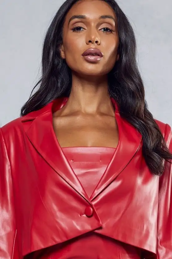 Women's Red Leather Cropped Blazer