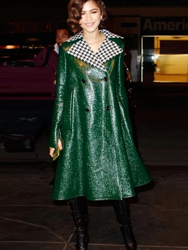 American Actress Zendaya Skinny Green Leather Coat