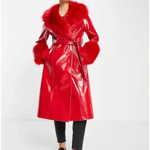 Women's Faux Leather Red Long Coat With Faux Fur Collar and Cuff