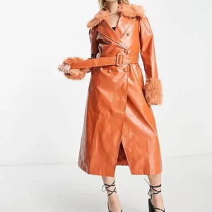 Women's Faux Leather Orange Coat With Faux Fur Collar and Cuff