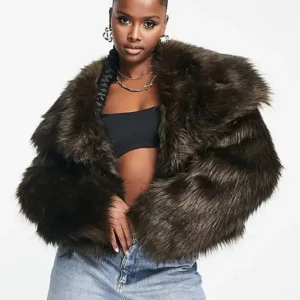 Women's Crop collared Brown Faux Fur Jacket