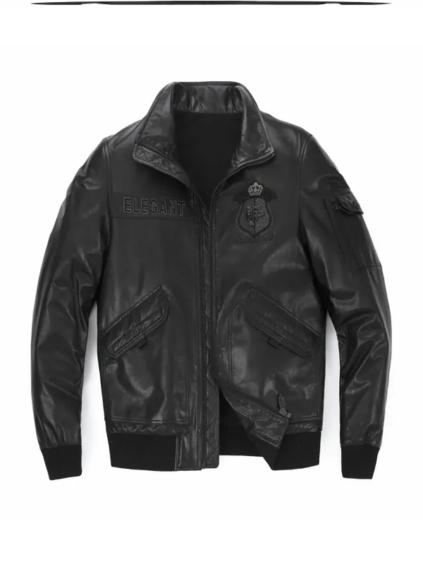 Black Pattern Embroidery Patched Leather Jacket