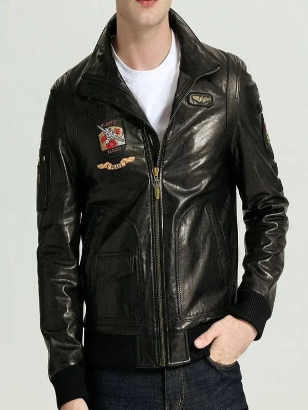 Embroidered Stand Collar goatskin leather Jacket