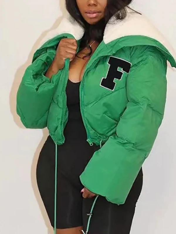 Women's Green F Baddie Cropped Puffer Jacket