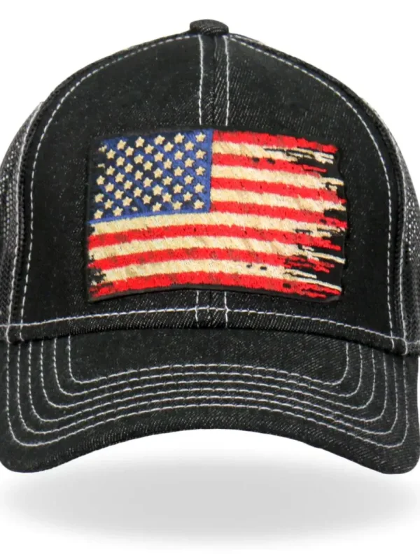 Hot Leathers Denim Tattered Flag Trucker Hat