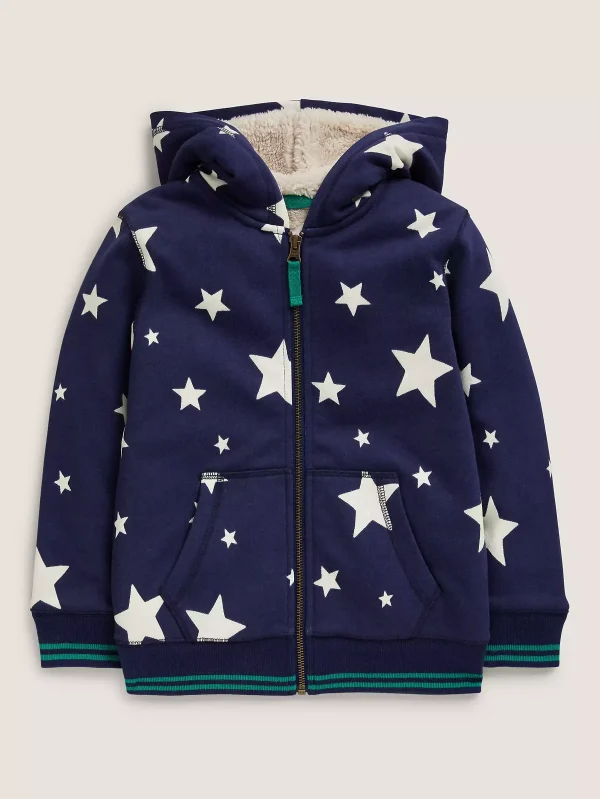 Stars Print Inner Fluffy Navy Hoodie