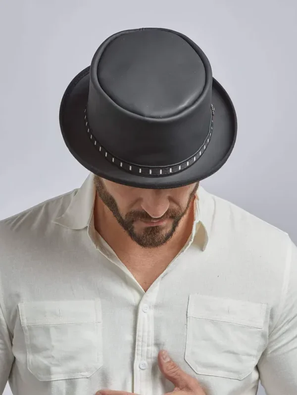 Stingy Brim Black Leather Pork Pie Hat