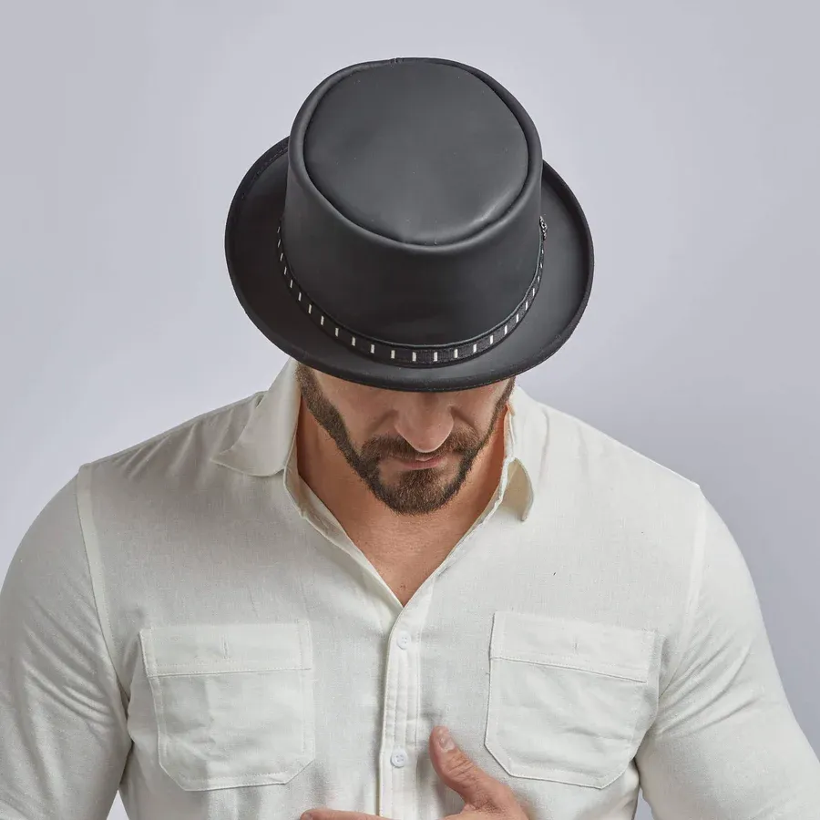 Stingy Brim Black Leather Pork Pie Hat